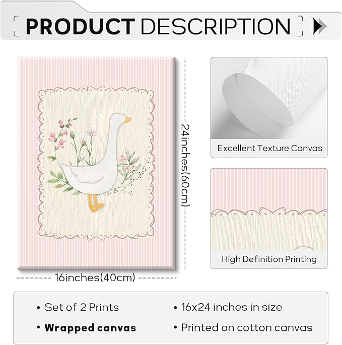 Vintage Nursery Wall Art Silly Goose Canvas Poster Pink Coquette Wall Decor Girls Room Pictures Baby Kids Poster Cute Animal Prints Floral Painting Artwork for Gallery Bedroom 16x24 Inch Ready to Hang