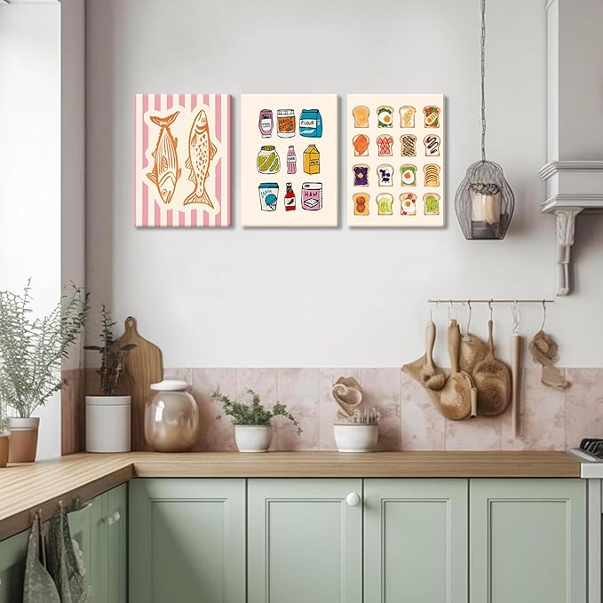 Cute Funny Kitchen Wall Art Set of 3, Fashion Breakfast Food Avocado Toast Canvas Prints Poster, Vintage Simple Sardines Watercolor Picture for Dining Room Kids Room Wall Decor 12x16 Inch Framed