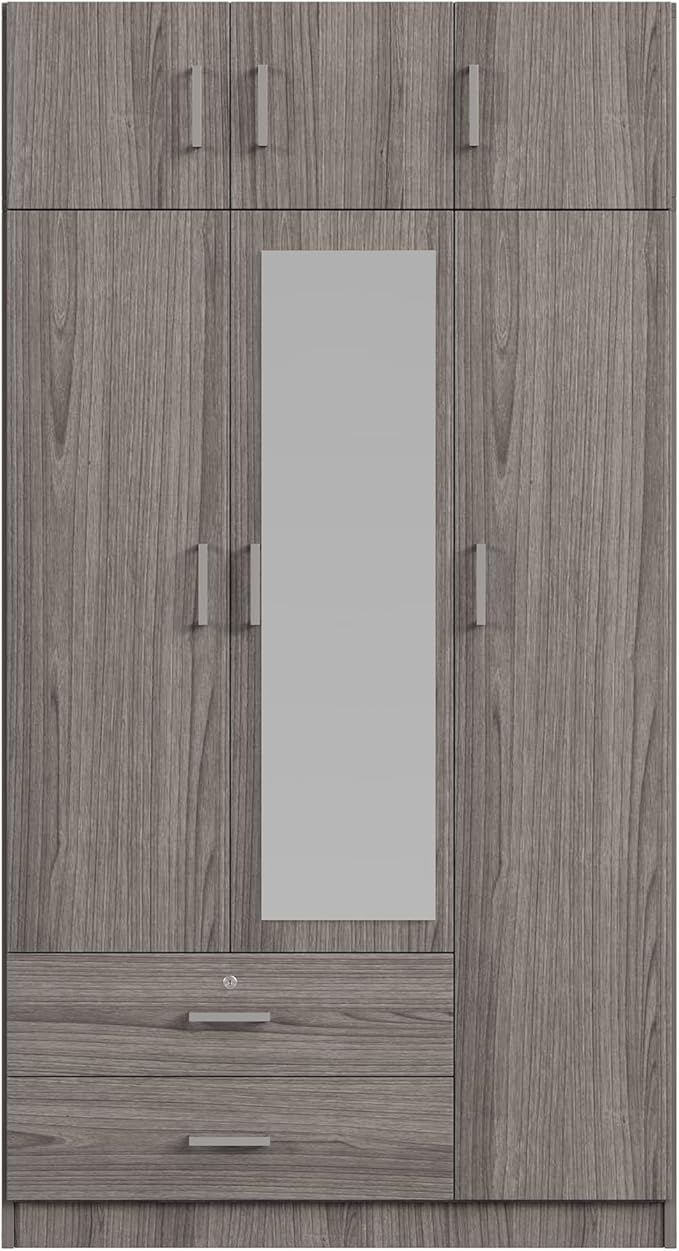 Mirror 3 Doors Closet Wardrobe with 2 Drawers and Top Cabinet, Modern Wooden Armoire Wardrobe Closet with Hanging Rod for Bedroom, Freestanding Bedroom Closet, Clothes Storage Organizer (Gray)
