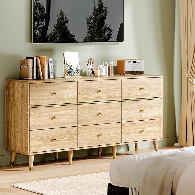 Chrangmay 9 Drawer Dresser,63" Wide Mid Century Modern Chest of Drawers,Wooden Bedroom Drawer Dresser with 9 Storage Drawers for Bedroom, Living Room,with Anti-Tipping Device,Natural