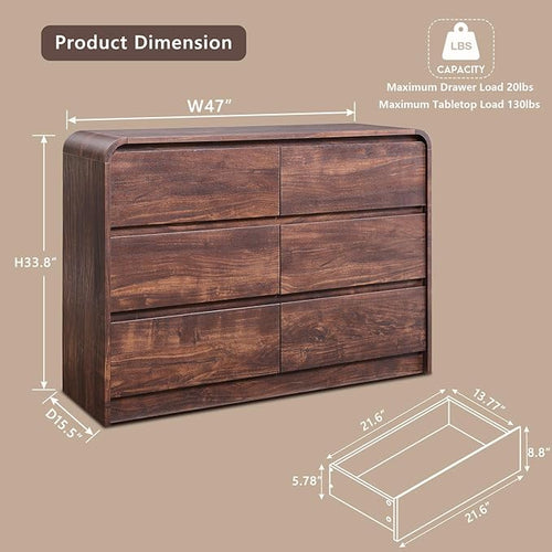 Aitjunz Modern 6 Drawers Dresser for Bedroom, 47" Wide Wood Dressers & Chests of Drawers w/Curved Profile Design, Mid Century Modern Dresser w/Natural Texture for Bedroom, Living Room, Brown