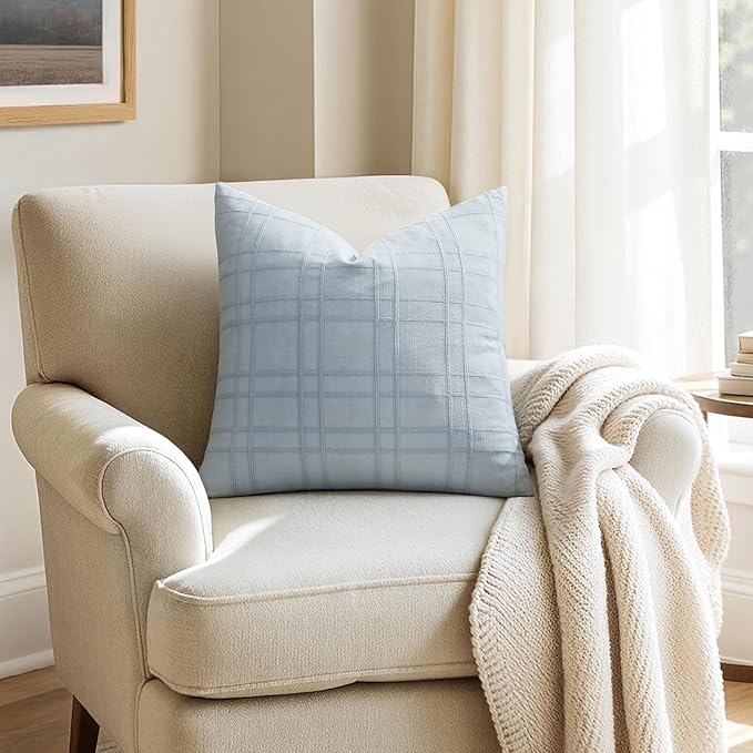 MIULEE Decorative Linen Check Throw Pillow Covers Neutral Farmhouse Vintage Pillow Covers 20x20 Set of 2 Boho Modern Home Decor for Sofa Couch Bedroom Cushion Coastal Blue