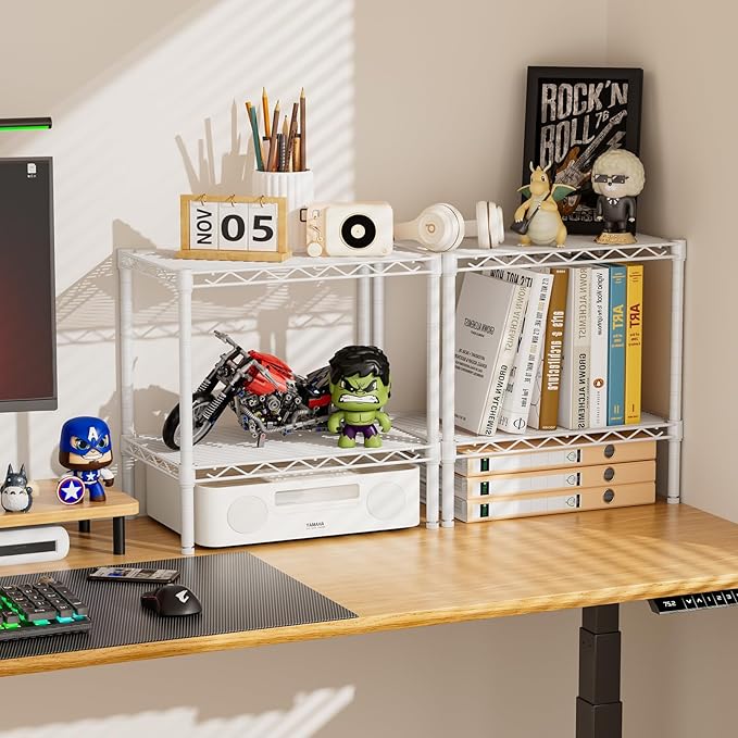SINGAYE Bookshelf Shelves Bookcase Shelf: 2 Tier Small Shelving Unit Home Storage Organizer Wire Metal Adjustable Free Standing Display Shelf for Bedroom Living Room Office Pantry White