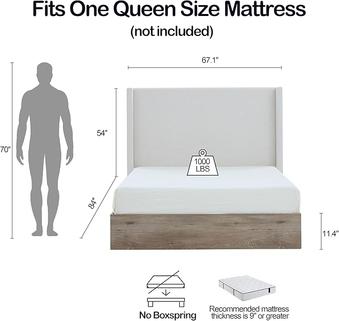 Queen Size Upholstered Platform Bed Frame, 54" High Headboard Shelton Wingback Bed Frames, Wood Base Platform Beds Bedframe, No Box Spring Needed No Noise, Rustic Farmhouse Modern, Ivory
