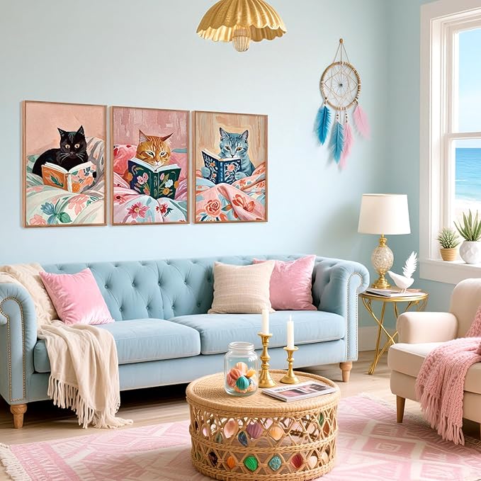HPNIUB Framed Vintage Black Cats Canvas Wall Art, Funny Animal Reading Books Poster Printing Pictures, Pink Cute Cat Lovers Wall Decor for Girls Room Bedroom Living Room(Set of 3,12X16 Inch)