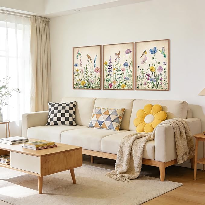HPNIUB Vintage Wildflower Birds Framed Canvas Wall Art Set, Modern Nature Botanical Wall Decor, Colorful Floral Art Prints Spring Artwork for Living Room Dining Room Bedroom(Set of 3,12X16 Inch)
