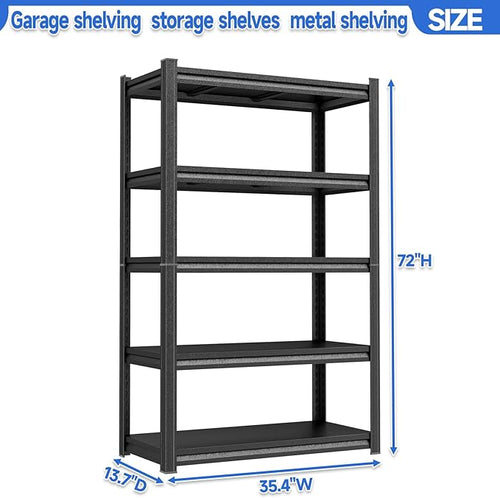 72"H Garage Shelving Unit 3000LBS Storage Shelves heavy duty 5 tier Metal Shelving adjustable storage rack for Basement, Warehouse, Pantry, Closet, Kitchen 72" H x 35.4" W x 13.8" D, Black