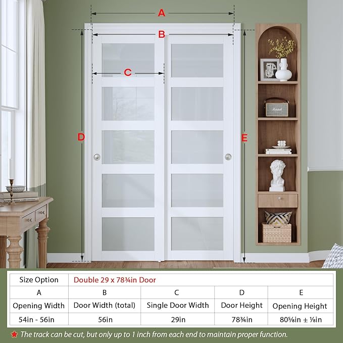 Finosen Preassembled Sliding Closet Door Slab, 56 x 80 in (Double 29 inch), 5-Lite Frosted Glass, Bypass barn Door with Hardware Kit Included, MDF Wood Panel, Water-Proof PVC Surface, White