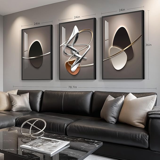 Framed Large Modern Abstract Wall Art for Living Room, Large 3 Piece Black and White Bright Style Artwork, Minimalist Geometric Painting Prints for Dining Room Hallway Office Wall Decor, 24x36 In