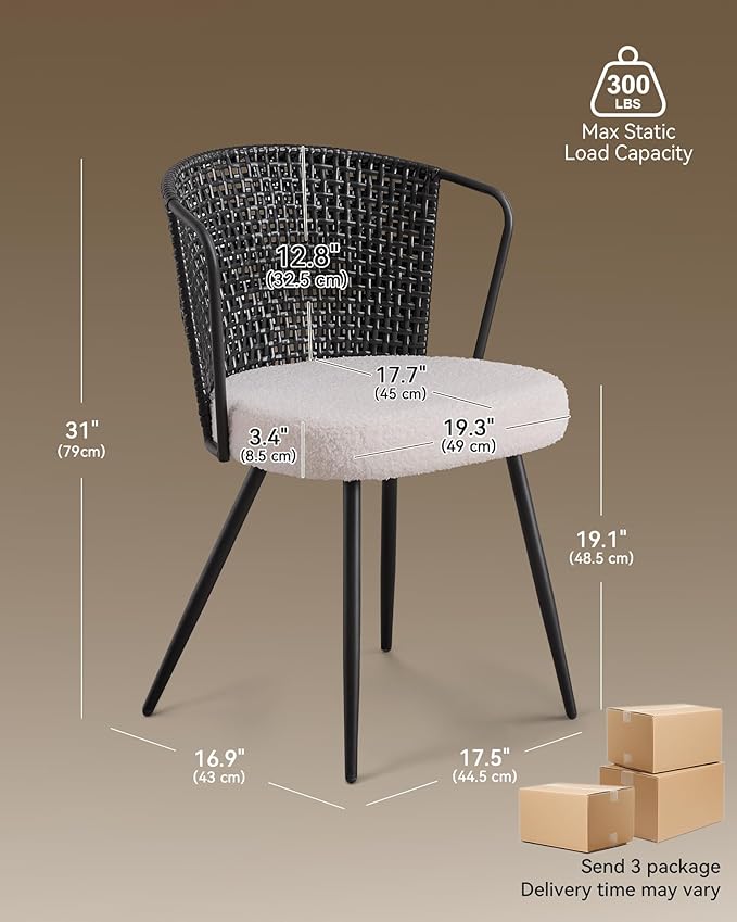 BedsPick Rattan Dining Chair Set of 6 - Farmhouse Upholstered PE Rattan Kitchen Chair with Boucle Cushion, Wingback Dining Room Seat with Cane Back and Metal Legs for Home, Kitchen (Black)