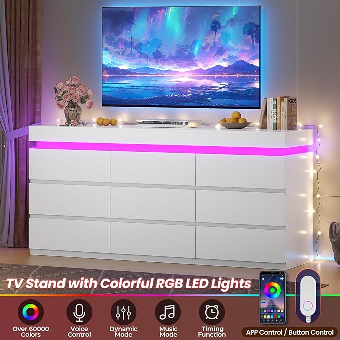 HAUOMS 9 Drawer Dresser with LED Light, White Modern Chest of Drawers for Bedroom,Long Dresser with Drawers for Living Room, Entryway, Hallway