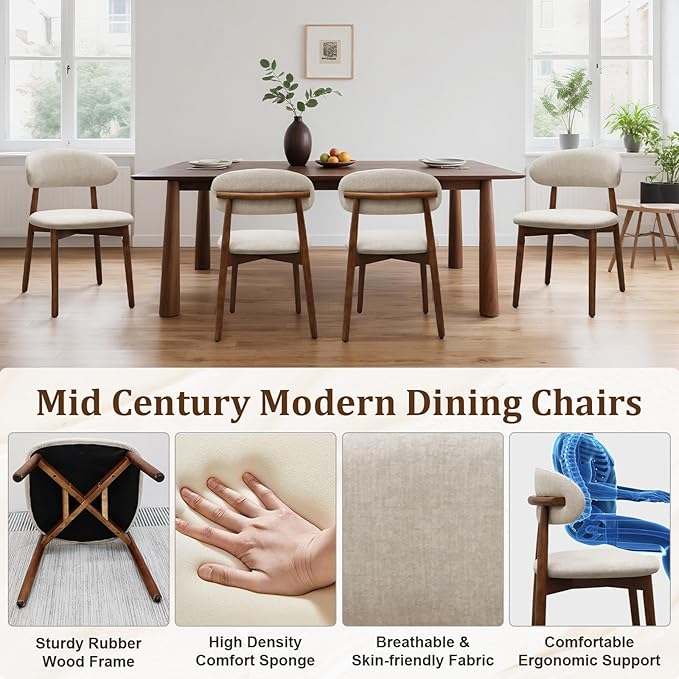 Farmhouse Dining Chairs Set of 8, Mid Century Modern Fabric Upholstered Kitchen Chairs, Wooden Dining Room Chair with Curved Back for Kitchen Dining Room Restaurant Cafe, Warm Gray (Only Chairs)