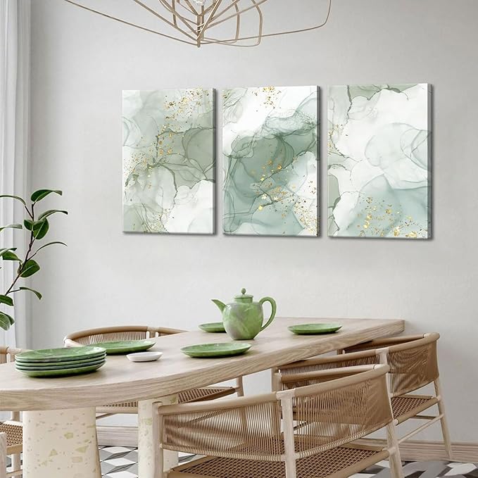 Sage Green Canvas Wall Art Set of 3 Abstract Green Gold Marble Line Wall Decor Pictures Neutral Modern Minimalist Posters Prints for Living Room Bedroom Home Decoration 16x24in