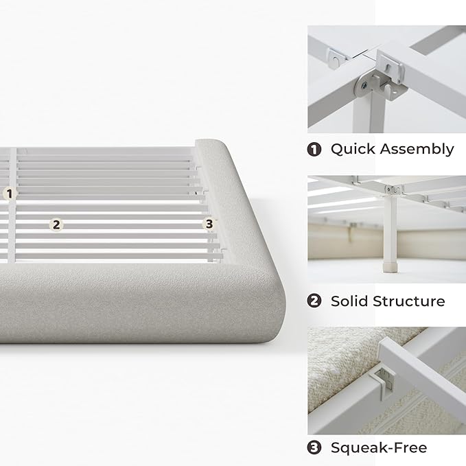 RECCI AirFrame Half-Moon Upholstered Queen Platform Bed Frame, Boucle Curved Arched Base, 5 Inch Fully Round Cushioned Foam, No Box Spring Needed, Easy Assembly | Round Shaped, Boucle, Low-profile, Soft