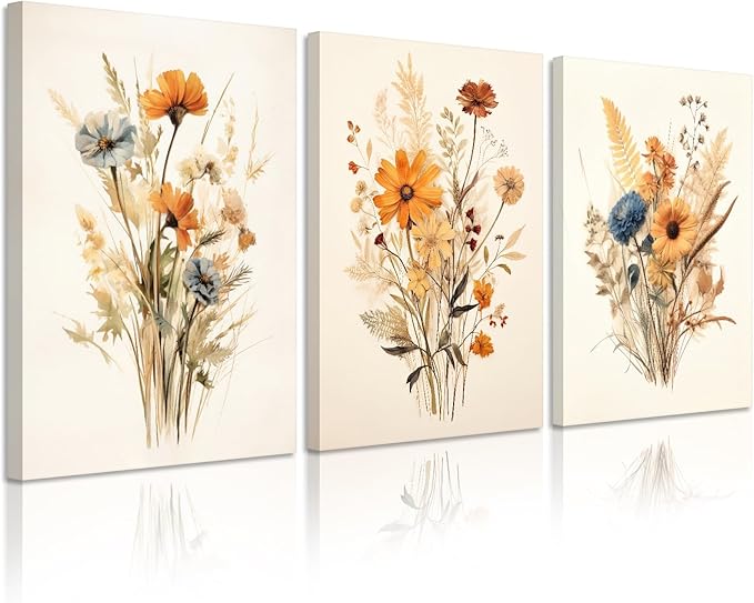 Botanical Floral Wall Art Set of 3 Vintage Wildflower Canvas Wall Decor Watercolor Rustic Farmhouse Wall Art Aesthetic Botanical Pictures Vintage Floral Prints for Bedroom 16x24 Inch Ready to Hang