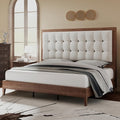 Jocisland Solid Wood King Size Bed Frame 50.2" Tall Upholstered Headboard, Mid-Century Style, Stable Platform Support, No Box Spring Needed, Walnut