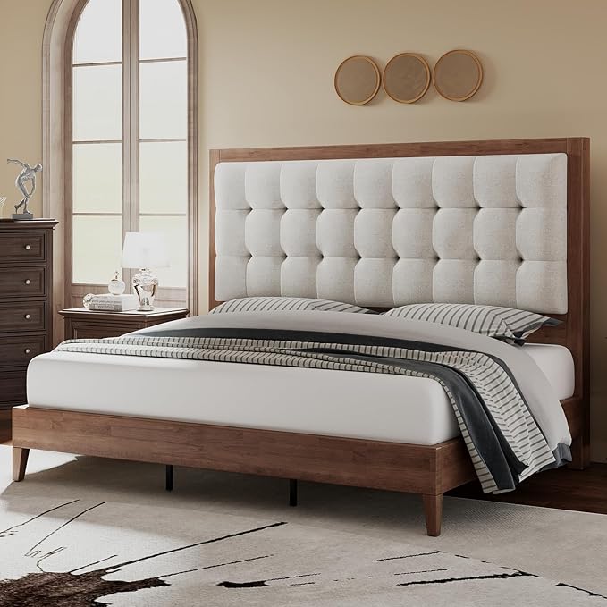 Jocisland Solid Wood Queen Size Bed Frame 50.2" Tall Upholstered Headboard, Mid-Century Style, Stable Platform Support, No Box Spring Needed, Walnut