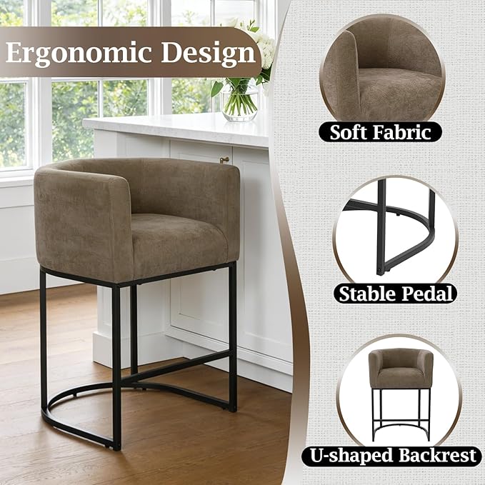 ClinQ 26" H Counter Height Bar Stools Set of 2, Modern Barrel Counter Stools with Backrest and Arms, Black Metal Frames, Chenille Fabric Upholstered Accent Barstools for Kitchen Island, Brown