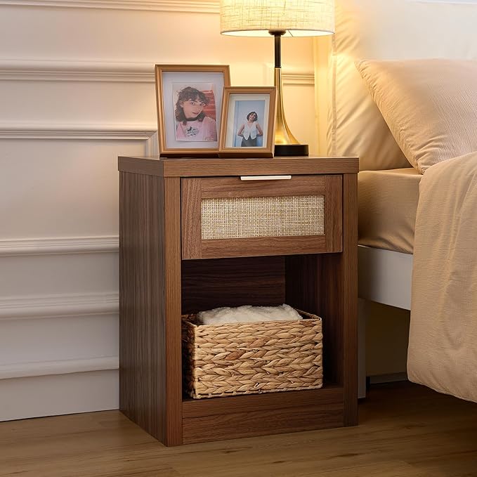 Walsham Night Stand Set 2, Rattan Nightstand with Charging Station, Modern End Table with Drawers, Bed Side Tables Set of 2 for Bedroom Living Room Sofa Couch Office (Special Walnut)