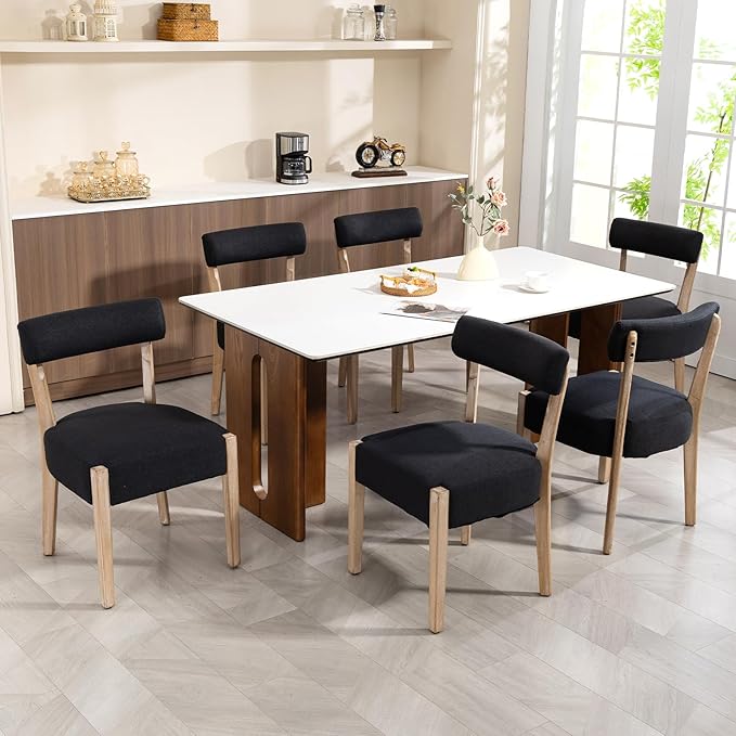 ZJhome Dining Chairs Set of 6,Mid Century Modern Dining Chair Set - Linen Upholstered Low Back Kitchen & Dining Room Chairs with Woven Design,Black Fabric
