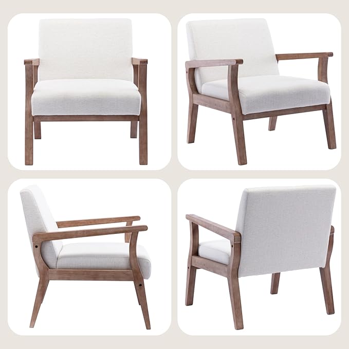 BESTANO Accent Chair Mid Century Modern Armchair, Linen Upholstered Living Room Accent Armchair with Wood Frame, Farmhouse Chair Indoor Corner Chair for Living Room Bedroom, Ivory