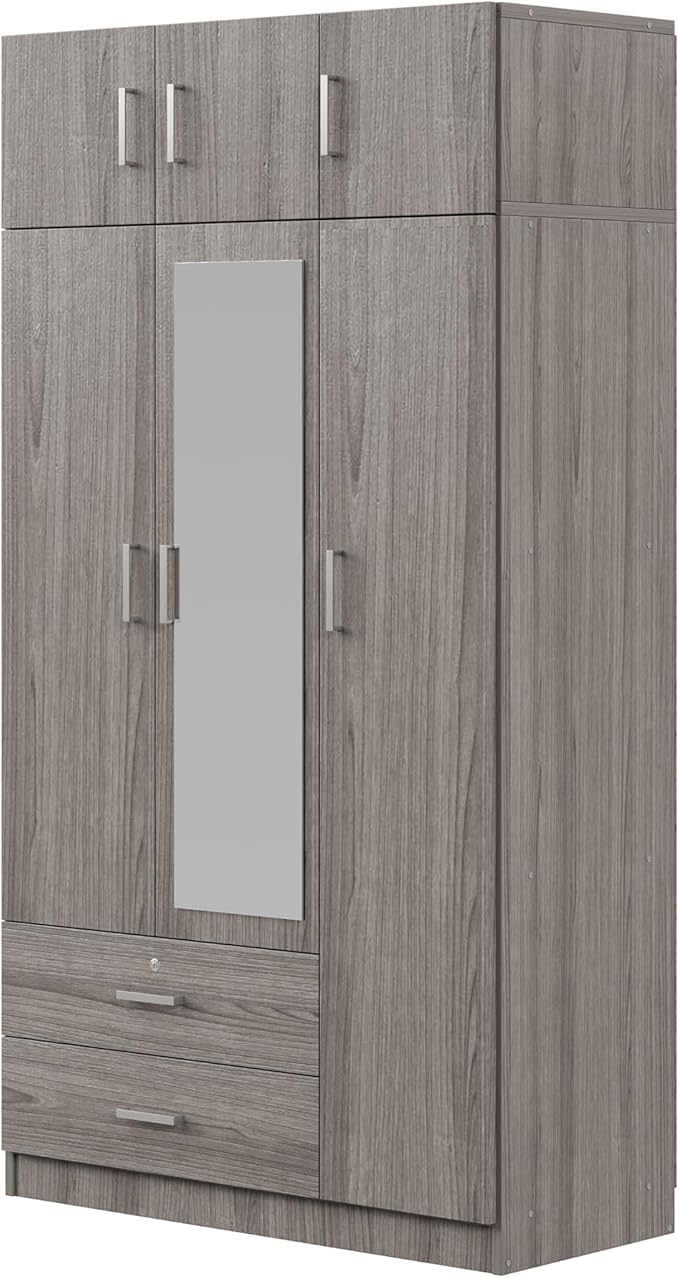 Mirror 3 Doors Closet Wardrobe with 2 Drawers and Top Cabinet, Modern Wooden Armoire Wardrobe Closet with Hanging Rod for Bedroom, Freestanding Bedroom Closet, Clothes Storage Organizer (Gray)