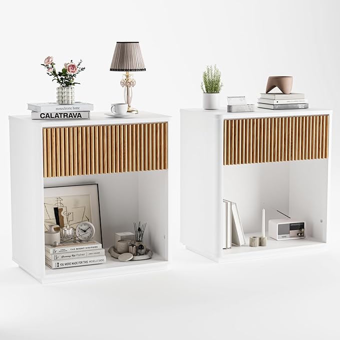 Modern Fluted Nightstand Set of 2 for Bedroom, Mid Century Bedside Table with Drawer & Open Shelf, Wood End Table, Farmhouse Night Stand for Home, Hallway, Office, White