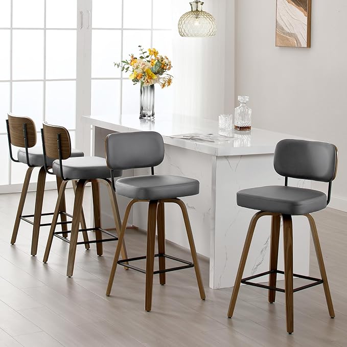 Bekrvio Swivel Bar Stools Set of 4, 29" Upholstered Faux Leather Barstools with Back and Bent Wood Legs, Mid Century Modern Bar Chair Island Stool for Kitchen Counter, Grey
