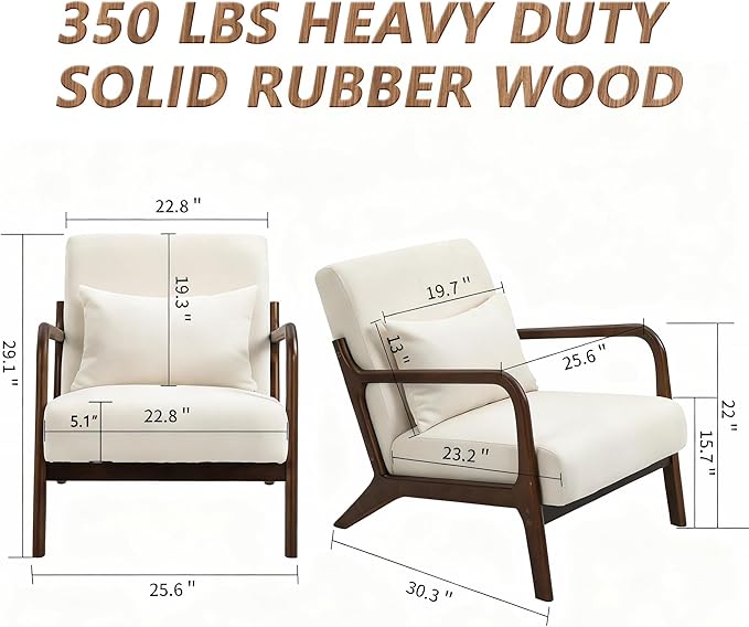 Set of 2 Mid Century Modern Accent Chair - Solid Rubberwood Frame Reading Armchair with Lumbar Pillow - Comfy Linen Lounge Chair for Living Room Bedroom Small Space - Heavy Duty 350lbs