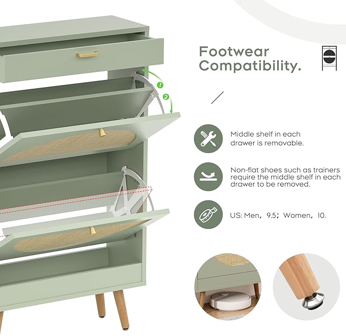 Yechen Shoe Rack Storage Organizer with 2 Natural Semi-Circular Rattan Doors, Entryway Wooden Shoe Cabinet for Sneakers, Leather Shoes, High Heels, Slippers (1 Piece, Morandi Green)