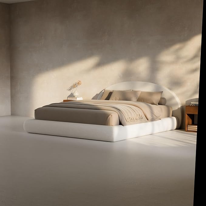 RECCI AirFrame Half-Moon Upholstered California King Platform Bed Frame, Velvet Curved Arched Base with Headboard, 5 Inch Fully Round Cushioned Foam, No Box Spring Needed, Easy Assembly | Round Shaped, Boucle, Low-profile, Soft