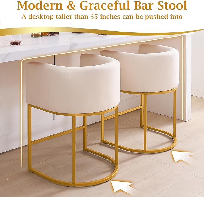 ClinQ 26" H Counter Height Bar Stools Set of 4, Modern Barrel Counter Stools with Backrest and Arms, Gold Metal Frames, Linen Fabric Upholstered Accent Barstools for Kitchen Island, Beige