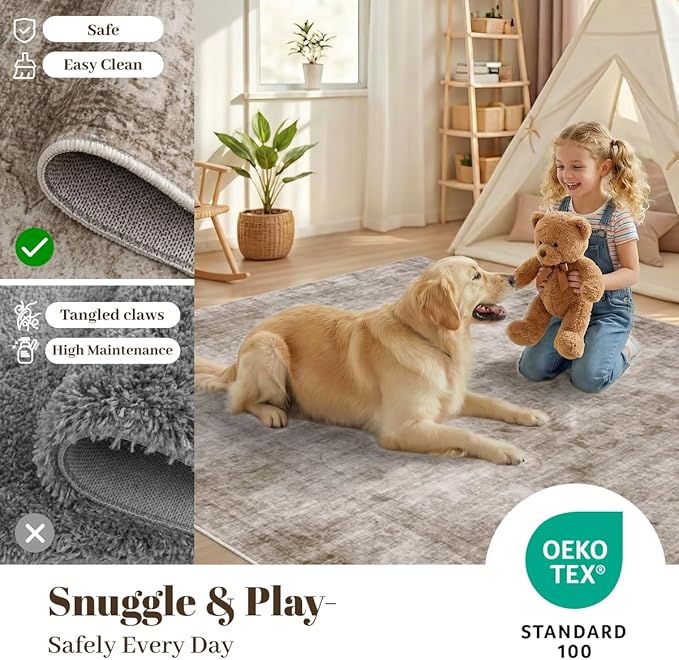 Homemate Washable Rug 10x14 Area Rugs - Vintage Faux Wool Rugs for Living Room Bedroom Dining Room - Non Slip Foldable Carpet Indoor Area Rug for Home Decor（10'x14', Brown