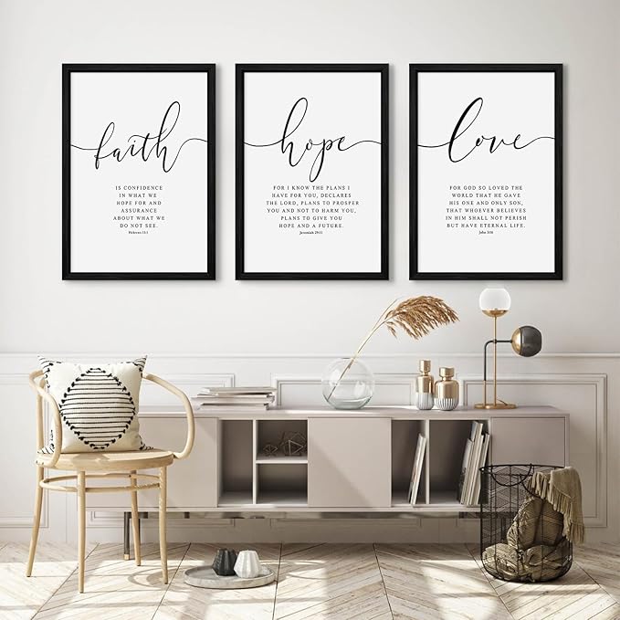 Bible Verses Wall Decor 3 Pieces Scripture Quotes Canvas Wall Art Faith Hope Love Scripture Posters Prints Christian Artwork Pictures for Living Room Bedroom Decoration 12x16 Inch Black Framed