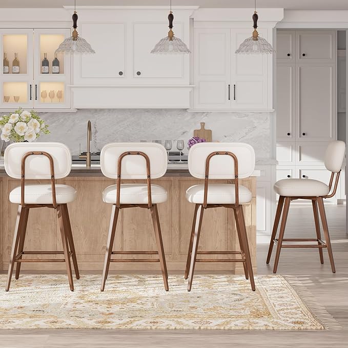 MALOL 26“ Swivel Bar Stools Set of 6, Mid Century PU Leather Counter Height Bar Chairs with Low Back and Metal Legs, Modern Bar Stool Chair for Kitchen Island, Beige