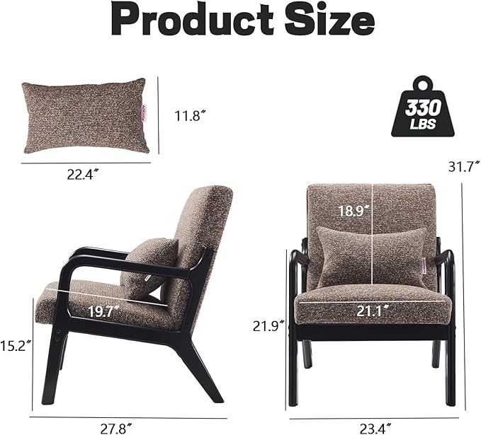 Achicsofar Accent Chair Mid Century Modern Armchair with Lumbar Support Pillow Wood Legs PU Leather Upholstered Lounge Chairs Comfy High Back Cushion for Living Room Bedroom