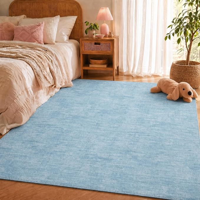 RUGSREAL 8x10 Washable Rug for Living Room Non-Slip Modern Abstract Area Rug Stain Resistant Large Bedroom Rug Contemporary Accent Throw Floor Carpet Solid Rug for Dining Room Home Decor, Blue
