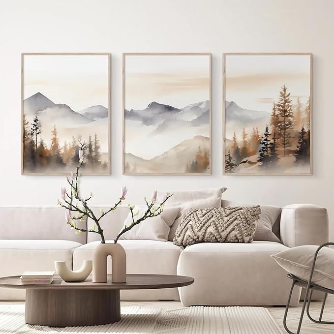 Neutral Mountain Wall Art Decor Set of 3 Forest Canvas Wall Art Poster Landscape Wall Art Artwork Modern Pictures Abstract Painting Watercolor Prints for Living Room Bedroom 12x16 Inch Unframed