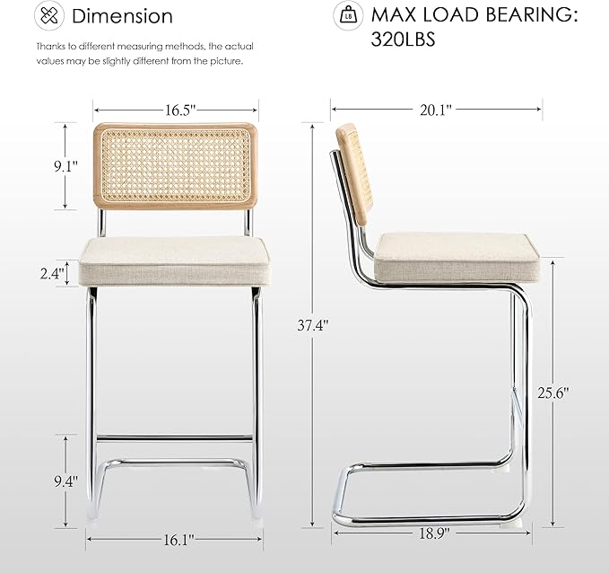 Zesthouse Rattan Counter Stools Set of 3, 26'' Mid Century Modern Bar Stools, Linen Fabric Counter Height Barstool with Solid Wood Back & Natural Cane Mesh, Boho Cantilever Island Chair, Beige Grayish