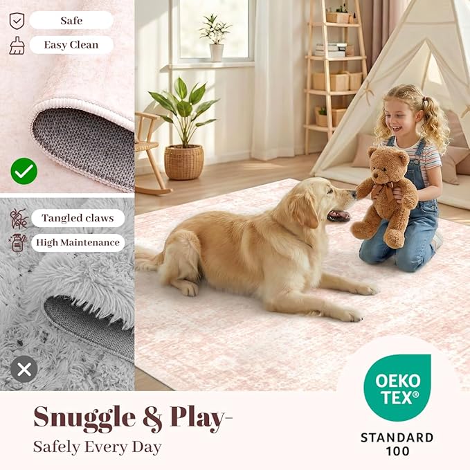 Homemate Washable Rug 5x7 Area Rugs - Vintage Faux Wool Rugs for Living Room Bedroom Dining Room - Non Slip Foldable Carpet Indoor Area Rug for Home Decor（5'x7', Pink