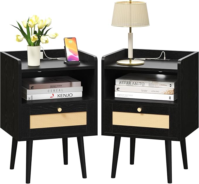 MECHYIN Night Stand Set 2, Nightstands Set of 2 with Charging Station, Rattan Side Tables with Solid Wood Legs, Boho Bedside End Table for Apartment Bedroom Dorm Small Space - Black