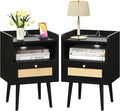 MECHYIN Night Stand Set 2, Nightstands Set of 2 with Charging Station, Rattan Side Tables with Solid Wood Legs, Boho Bedside End Table for Apartment Bedroom Dorm Small Space - Black