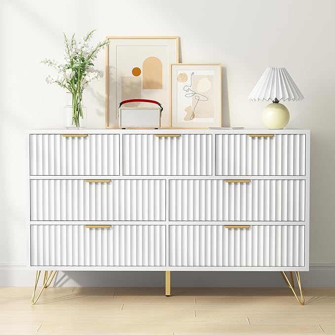 White Dresser for Bedroom, 7 Drawers Dresser with Golden Handles, Modern Wood Chest for Living Room, Hallway, Entryway