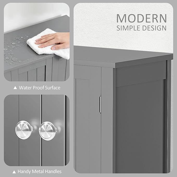 SUPER DEAL Modern Bathroom Floor Storage Cabinet with Adjustable Shelf and Double Door Rust Proof, Living Room Modern Home Furniture Storage Organizer Cabinet, Grey