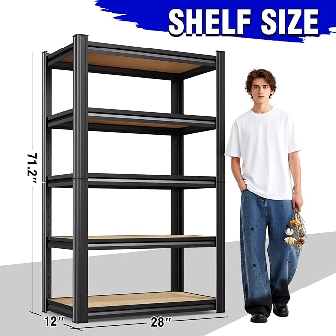 3 Pack Heavy Duty Garage Shelving - 1900 LBS Capacity 5-Tier Metal Storage Shelves, 71"H x 28"W x 12"D Adjustable Steel Utility Rack, Compact Storage Shelf for Pantry, Closet, Basement, Shed - Black
