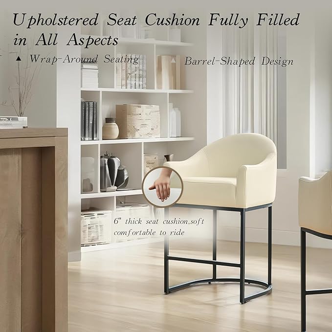 26" Modern Counter Height Bar Stools,Barstools with Arms,Kitchen Island Chairs,PU Leather Upholstered Barrel Bar Stools with Backs,Metal Black Frames,Beige White Leather