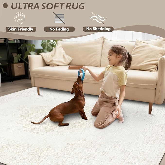 8x10 Area Rugs for Living Room: Washable Vintage Large Retro Rug Soft Non-Slip Indoor Low Pile Carpet for Bedroom Dining Room Office (Beige, 8' x 10')
