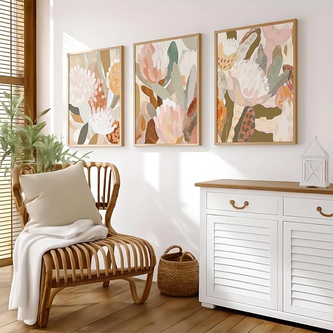 Abstract Flower Wall Art Boho Floral Wall Decor Modern Botanical Canvas Prints Neutral Banksia Flower Pictures Minimalist Floral Poster Painting for Bedroom Living Room 16x24 Inch Unframed Set of 3