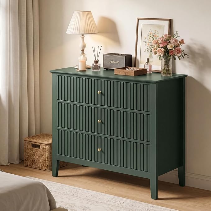 RoyalCraft Large 3 Drawer Dresser Set of 2, Fluted Chest of Drawers with Storage, Modern Painted 30 inch Tall Nightstand for Bedroom Living Room Entryway, Dark Green