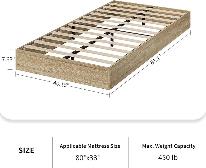 Garvee Twin XL Solid Wood Platform Bed Frame – Floor-Standing, No Box Spring Needed, Modern Minimalist Design, Sturdy Wooden Slats, Easy Assembly, Space Saving Bed Frame, Golden Tan Wood